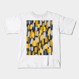 Abstract Grey and Mustard Yellow Paint Brush Effect on Navy Blue Kids T-Shirt